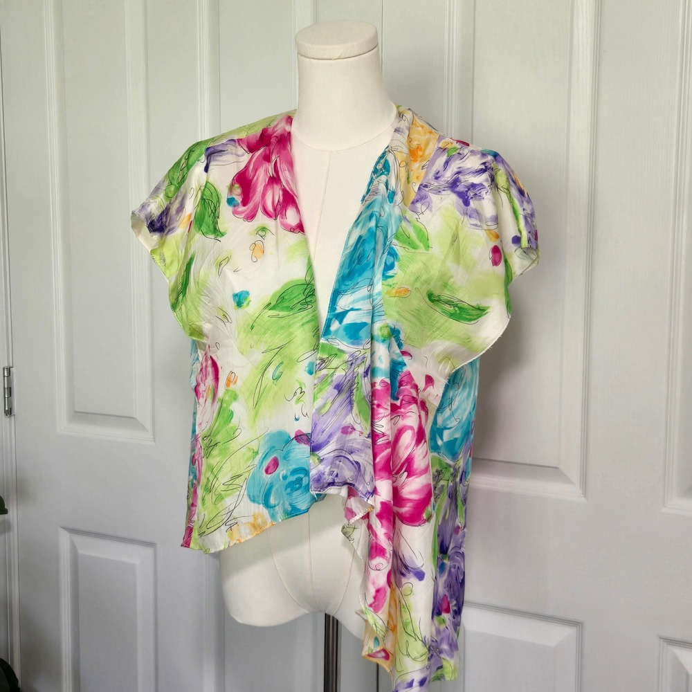 Platinum Dorothy Schoelen Vest Womens M Multicolor Floral Silk Rayon Open‎ Front